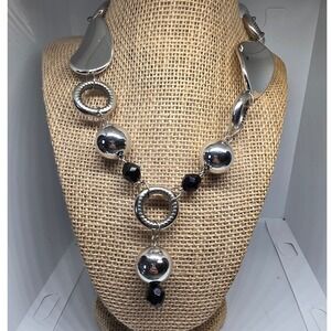 Statement Necklace Silver Tone Black Bead Chunky Modern Fashion Jewelry
